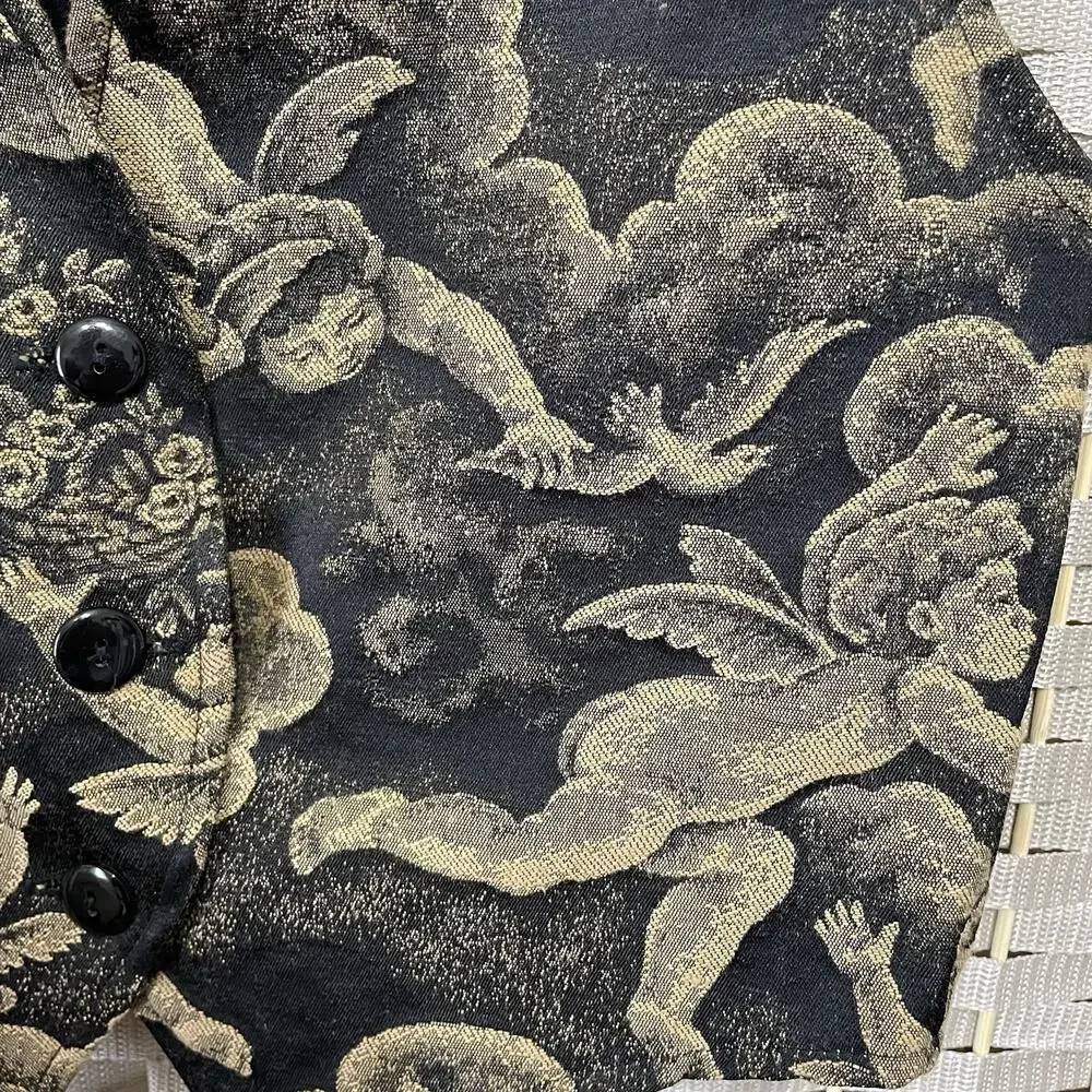 Facets by Mirrors Vintage Tapestry Vest Women M Black Cherubs Angels Satin Back - Picture 3 of 7